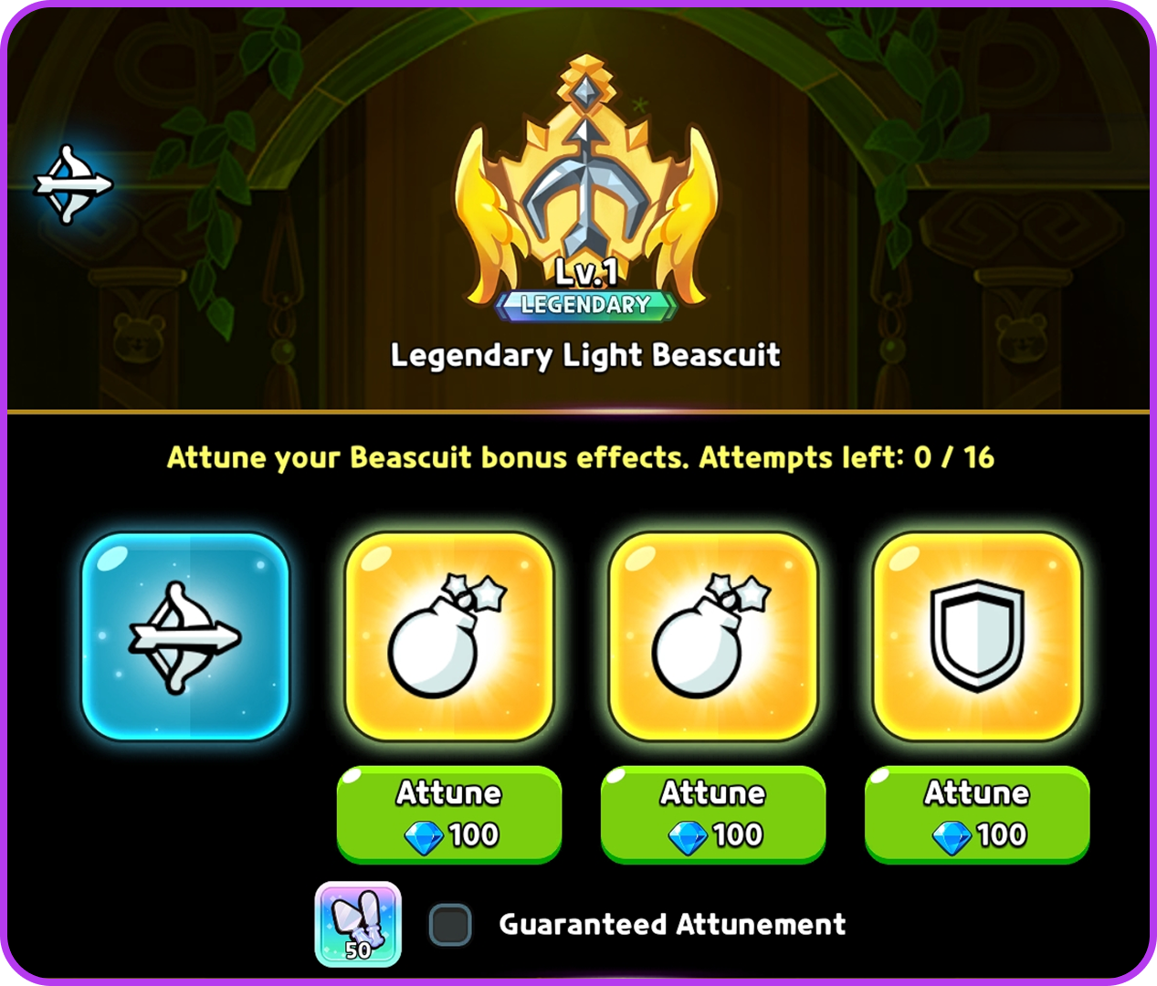 Beascuit attunement screen showing four slots, the crystal cost per Attune, 0 of 16 attempts left, and a Guaranteed Attunement kit toggle