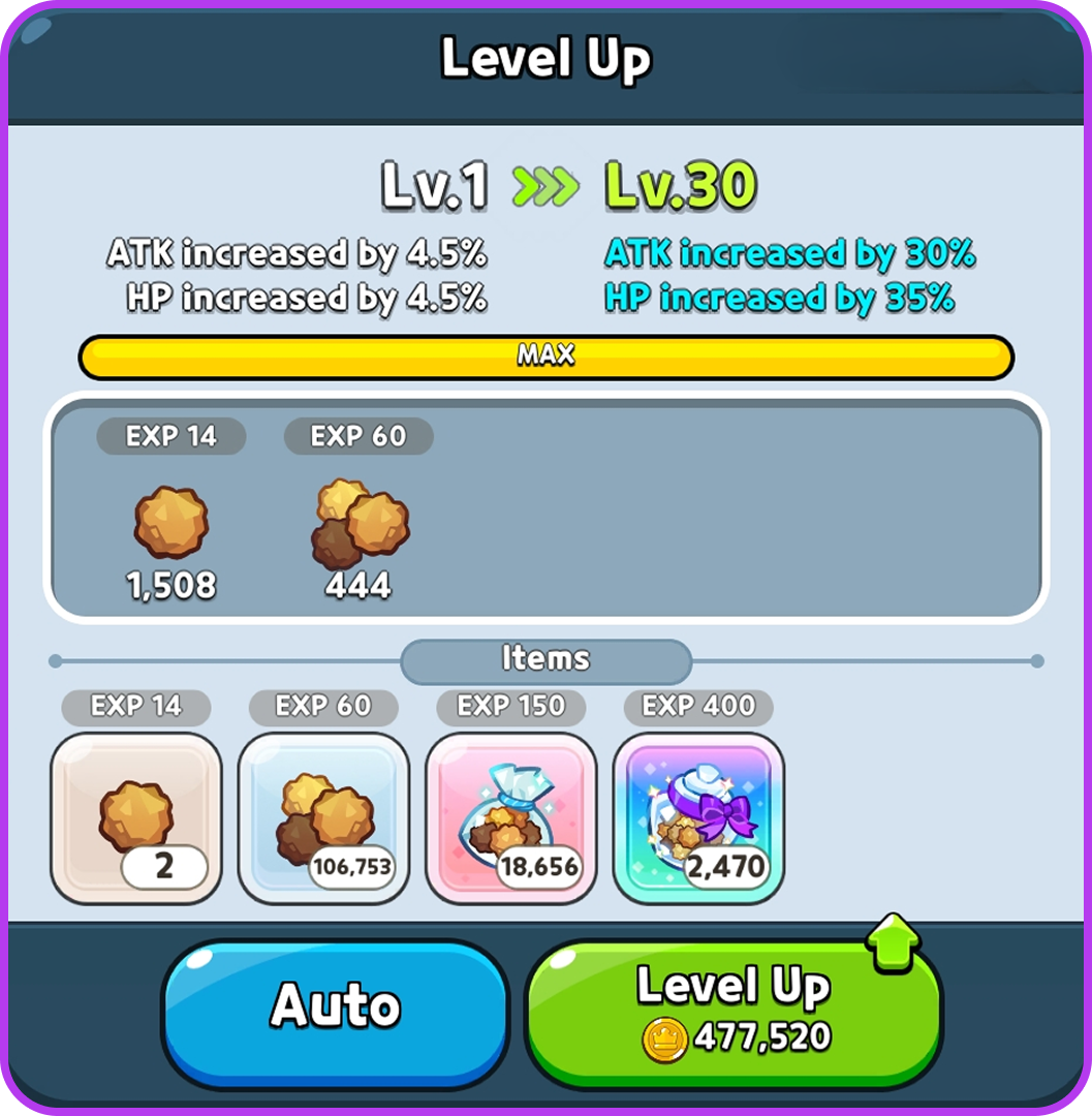 Beascuit Level Up screen showing the jump from Lv.1 to Lv.30 with ATK increased 30% and HP increased 35%