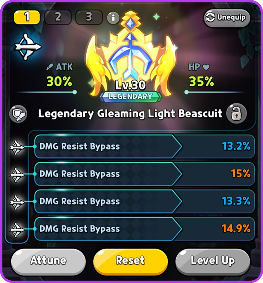 The beascuit details screen — a Lv.30 Legendary Gleaming Light Beascuit showing its ATK and HP bonuses and four attuned DMG Resist Bypass bonus-effect slots.
