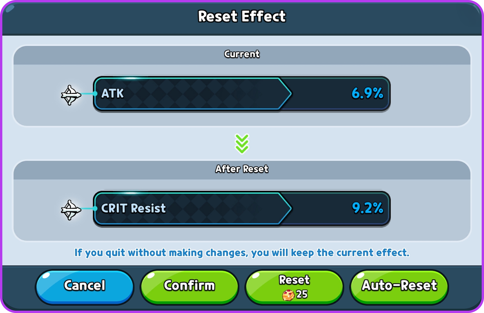 Beascuit Reset Effect screen comparing a current ATK stat against the new CRIT Resist roll after reset