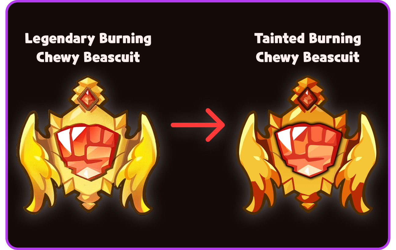 Side-by-side comparison of a Legendary Burning Chewy Beascuit and a Tainted Burning Chewy Beascuit