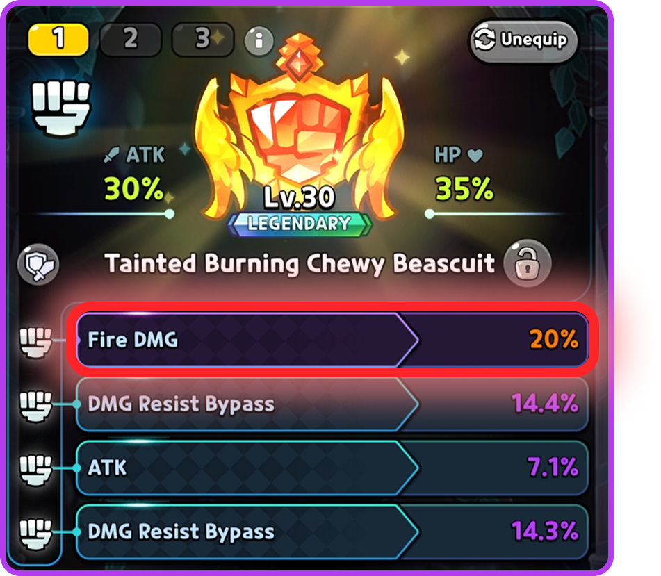 In-game tainted Burning Chewy Beascuit showing its four bonus effects, with the fixed Fire DMG 20% top slot highlighted