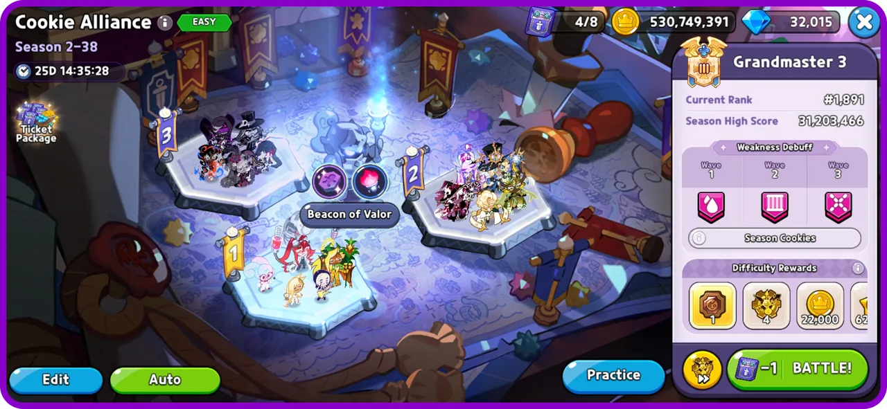 The Cookie Alliance battle overview and preparation screen