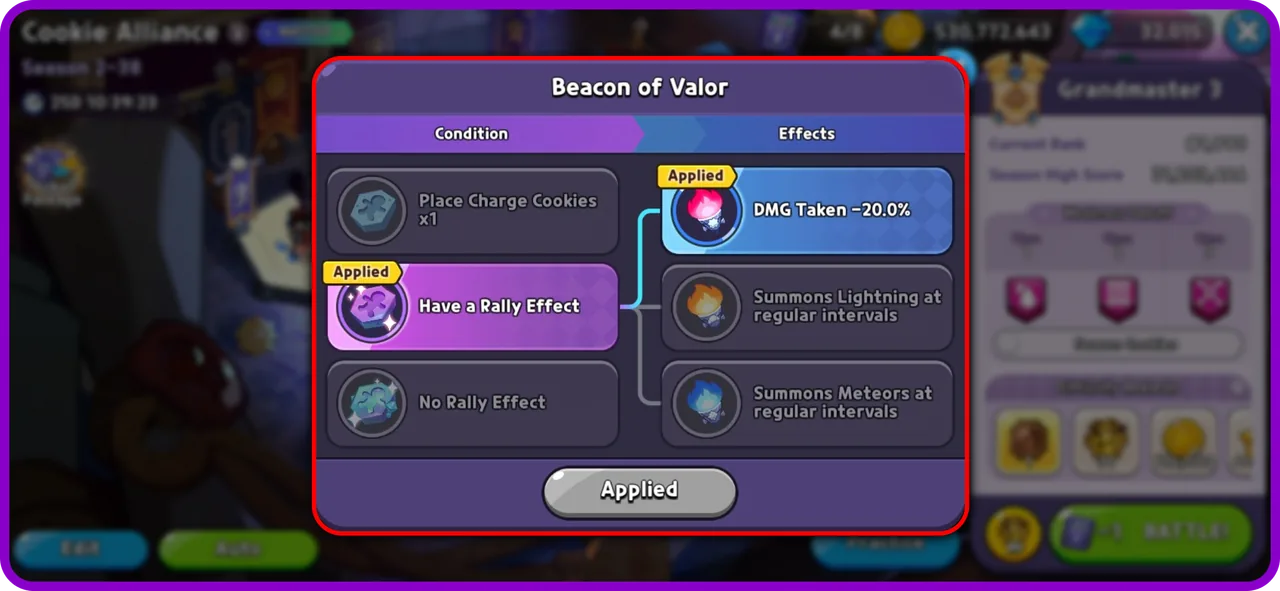 The Beacon of Valor window, with the Condition list on the left and the Effects list on the right