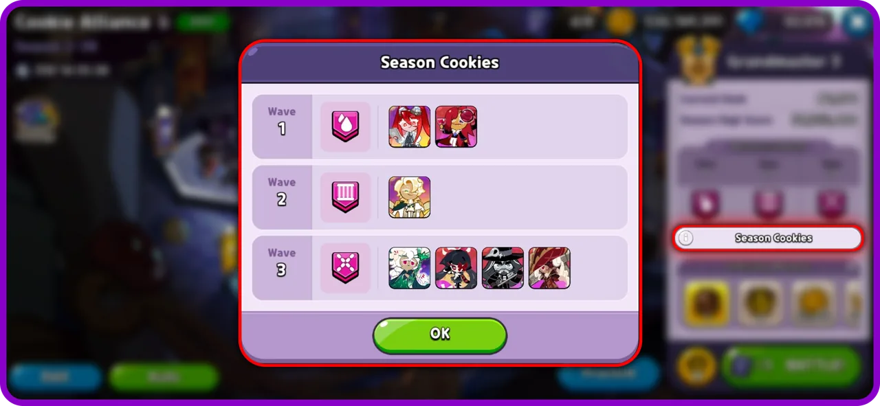 The Season Cookies panel, reached from the info button