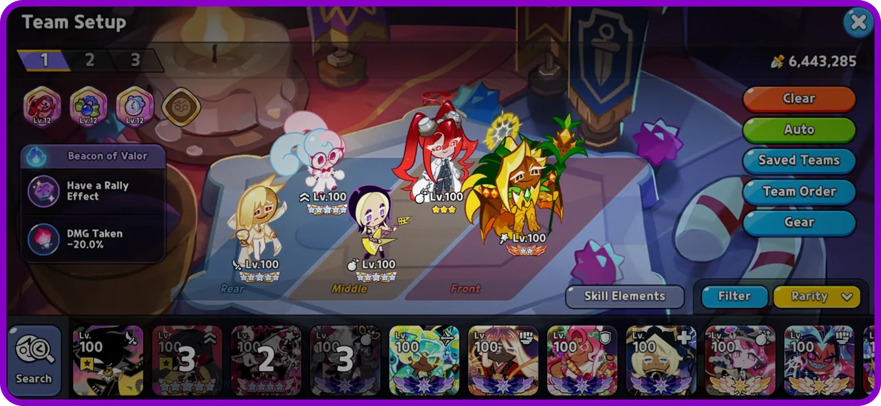 The team building screen with the 1 / 2 / 3 team tabs along the top