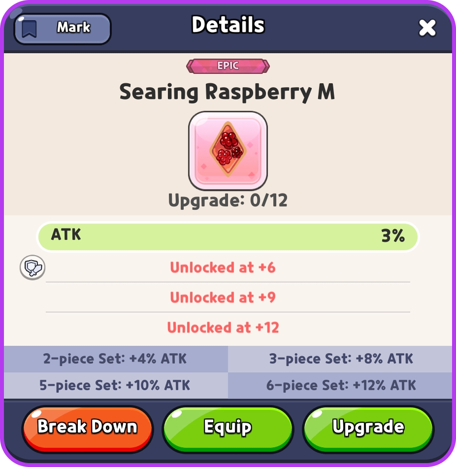 An un-upgraded Epic Searing Raspberry topping at level 0 of 12, granting 3% ATK with all three substat slots still locked.