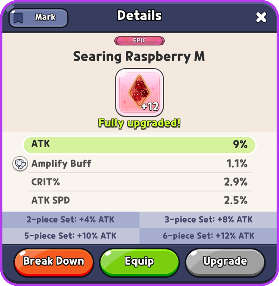 The same Searing Raspberry fully upgraded to +12, granting 9% ATK plus three unlocked substats.