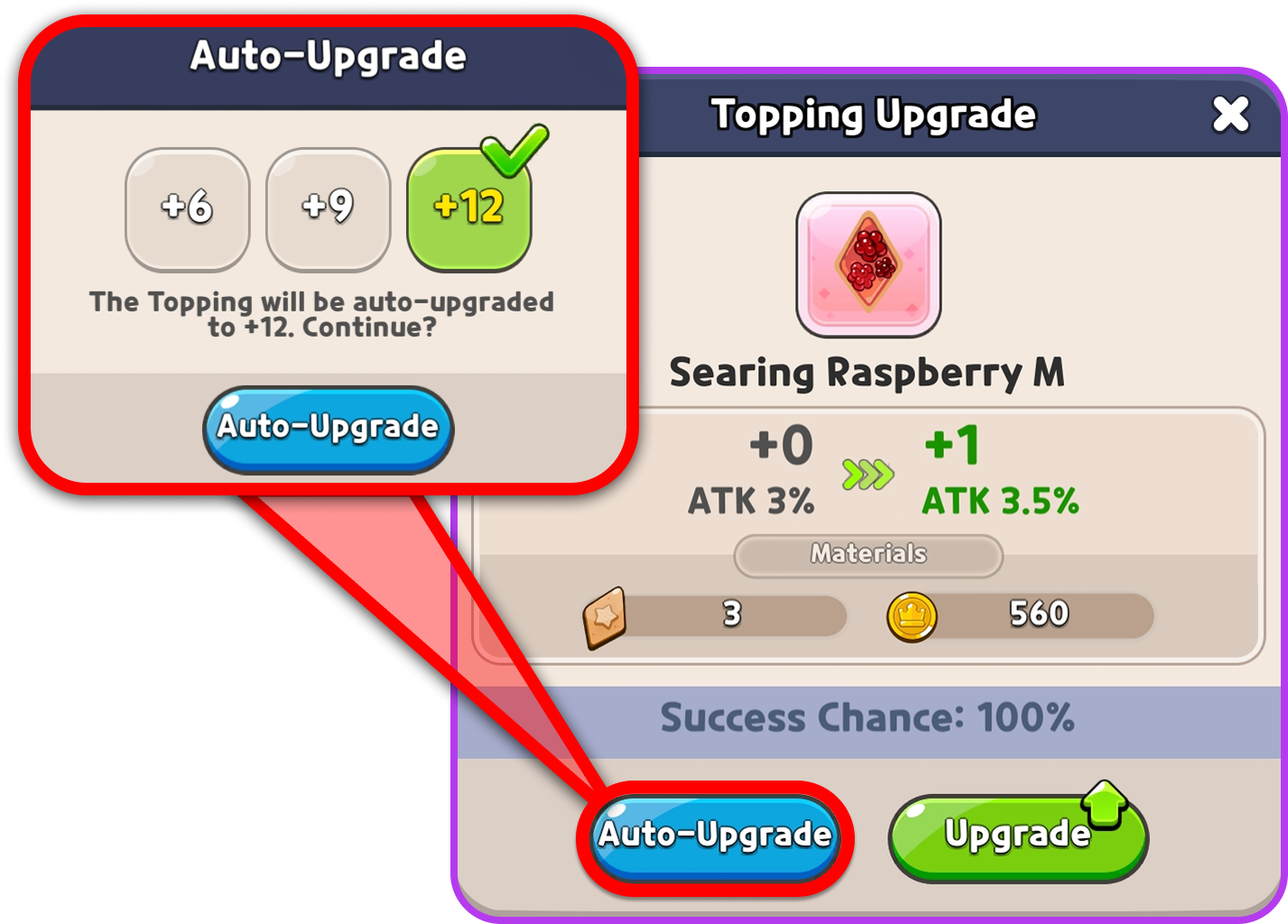 The Topping Upgrade window showing a +0 to +1 step costing 3 Topping Pieces and 560 Coins at 100% success, with the Auto-Upgrade popup offering +6, +9, and +12 milestones.